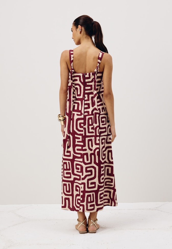 Vestido Midi Cintura Baixa Rodado Estampado Yala Vermelho