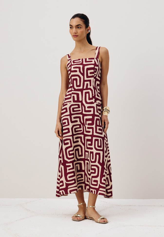 Vestido Midi Cintura Baixa Rodado Estampado Yala Vermelho