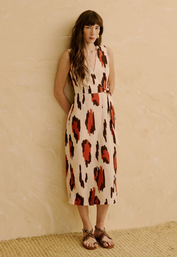 Vestido Midi com Argola Orgânica Estampado Chimu Off