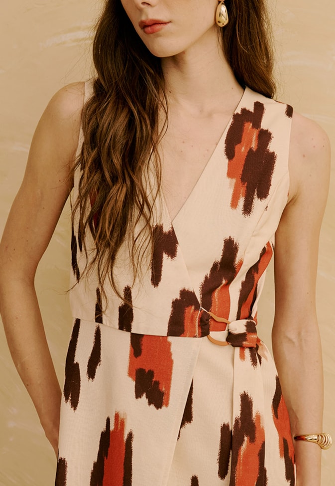 Vestido Midi com Argola Orgânica Estampado Chimu Off