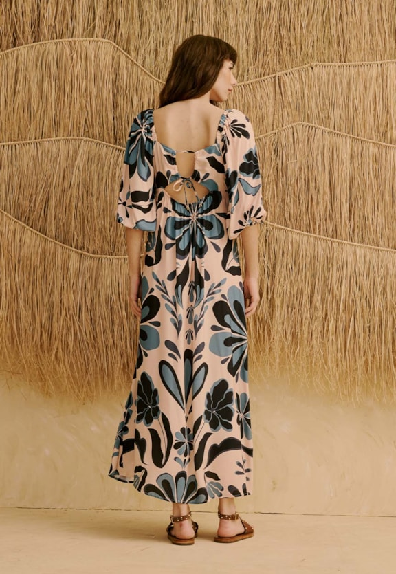 Vestido Midi com Manga Bufante Estampado Cantuta Vista Traseira