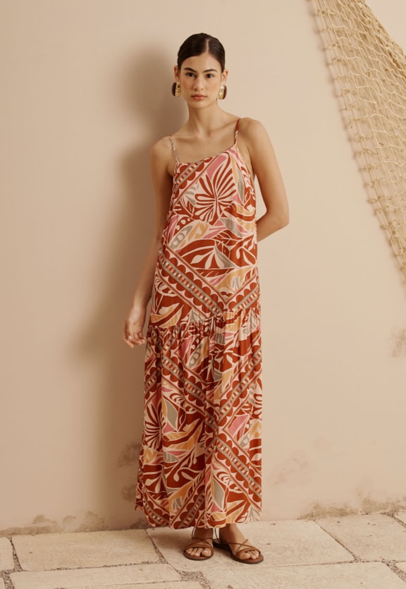 Vestido Midi Com Maria Estampado Azulejaria Vista Frontal