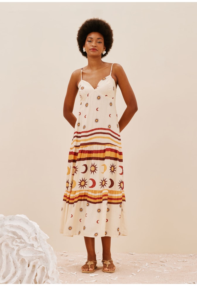 Vestido Midi Com Maria Estampado Dunas Douradas