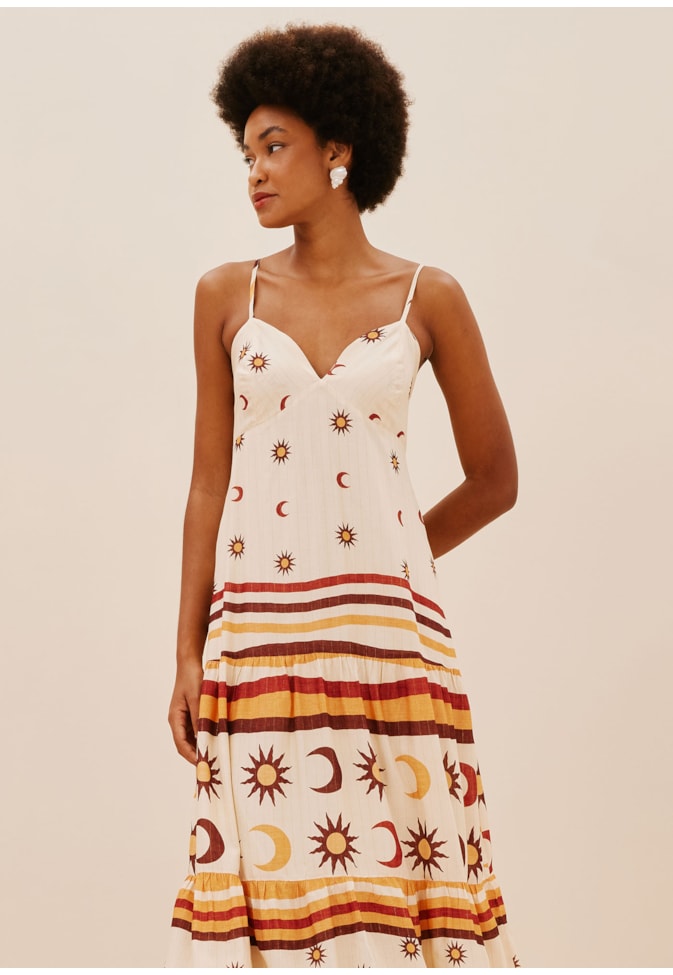 Vestido Midi Com Maria Estampado Dunas Douradas