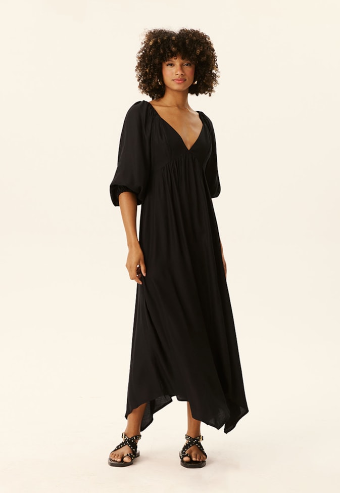 Vestido Midi com Pontas Manga Bufante