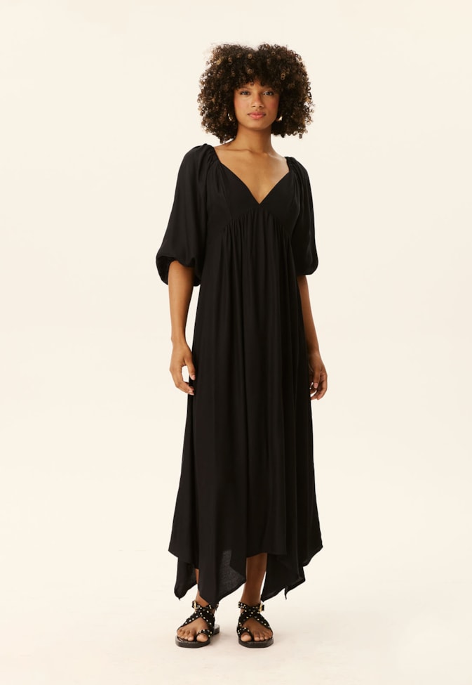 Vestido Midi com Pontas Manga Bufante