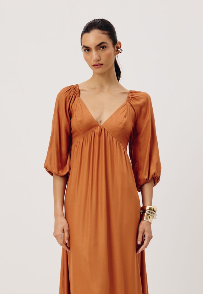 Vestido Midi com Pontas Manga Bufante