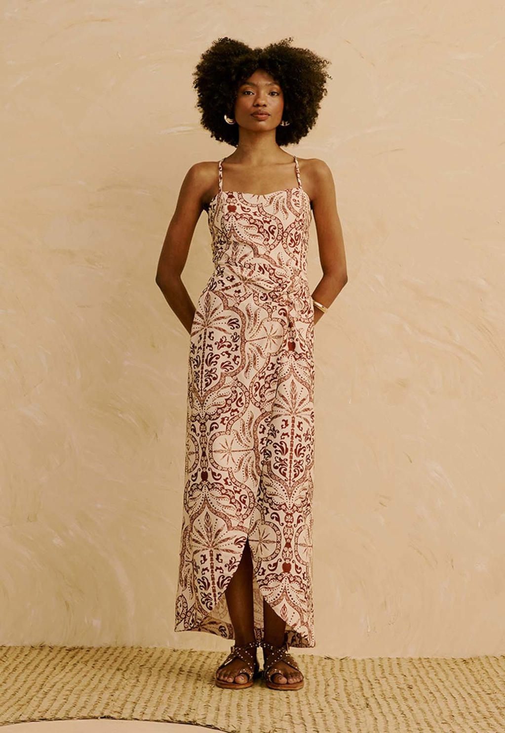 Vestido Midi com Saia Transpassada Estampado Palmas Del Sol