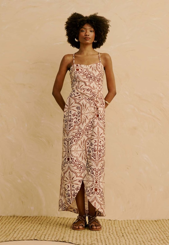 Vestido Midi com Saia Transpassada Estampado Palmas Del Sol Vista Frontal