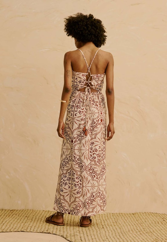 Vestido Midi com Saia Transpassada Estampado Palmas Del Sol Vista Traseira