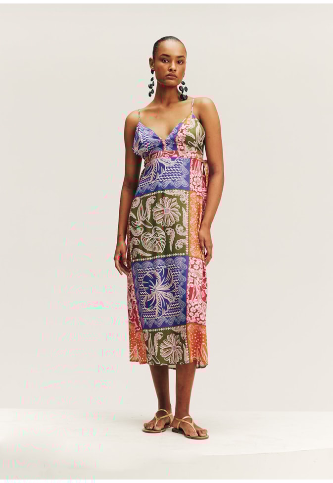 Vestido Midi Costas Nuas Estampado Patch Pará