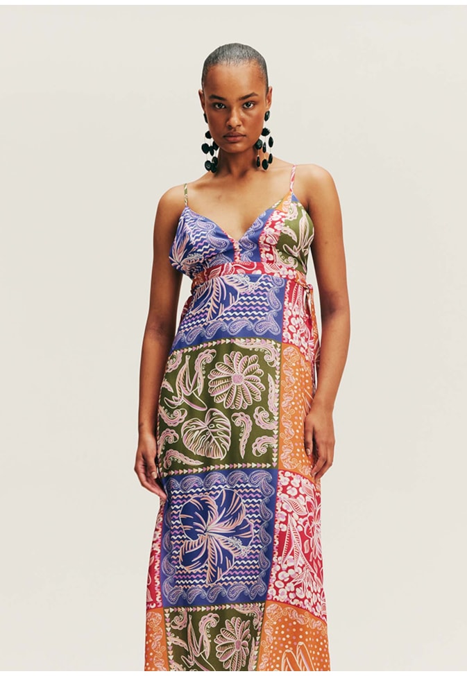 Vestido Midi Costas Nuas Estampado Patch Pará