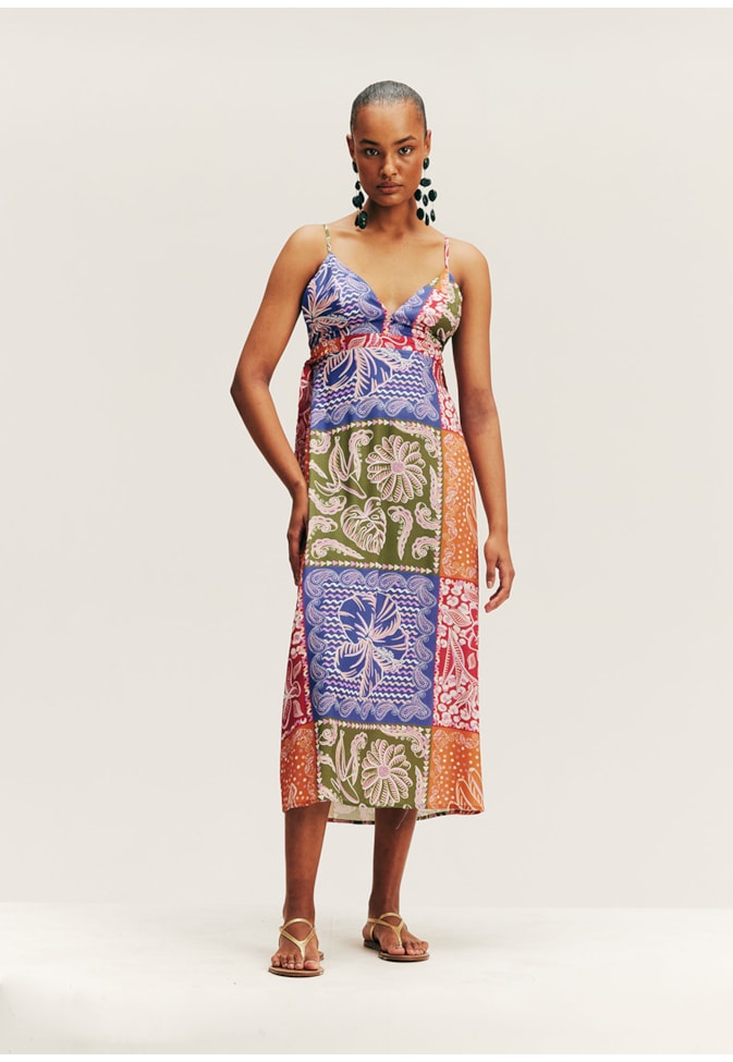 Vestido Midi Costas Nuas Estampado Patch Pará