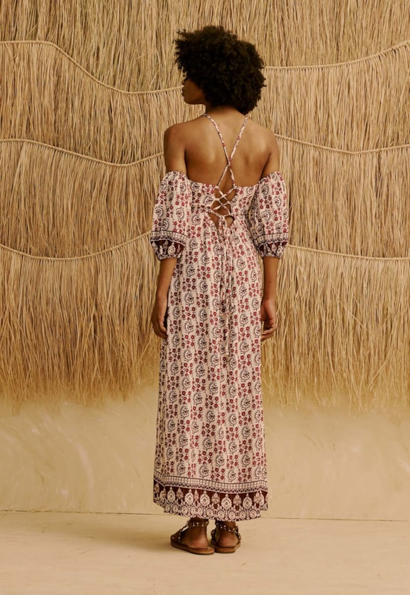 Vestido Midi Cruzado Estampado Pasco Vista Traseira