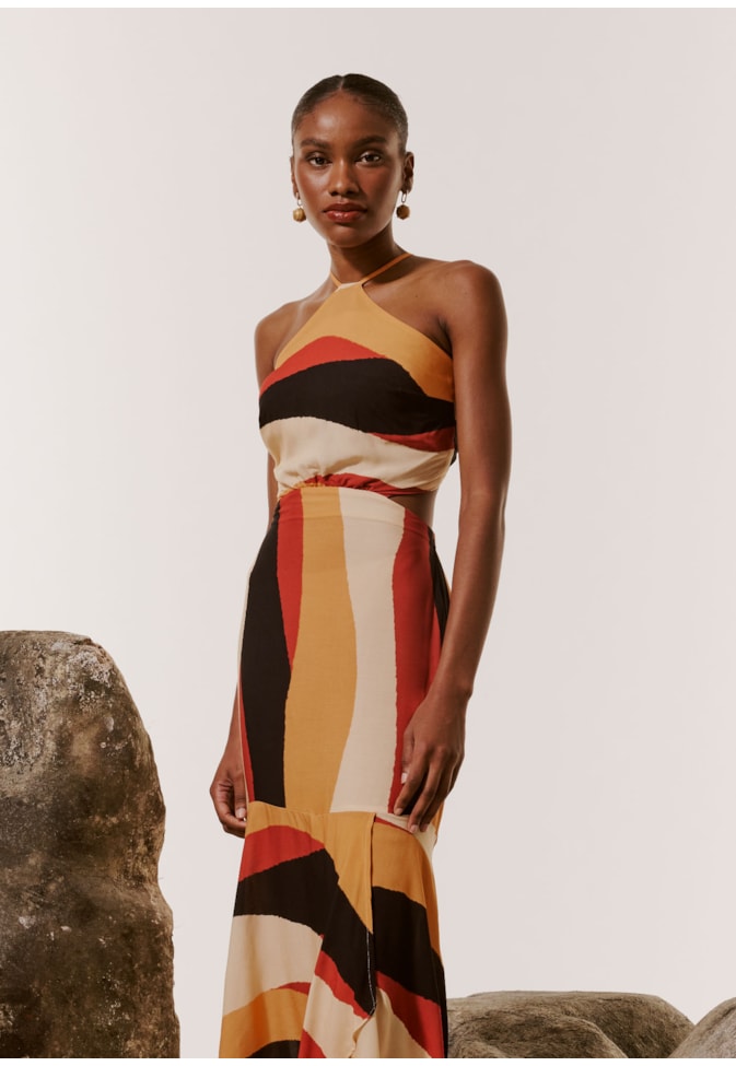 Vestido Midi Decote Alto Estampado Relevo