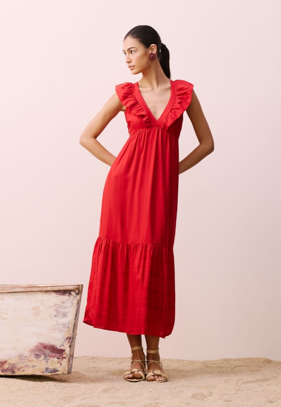 Vestido Midi Decote Babado Vista Frontal