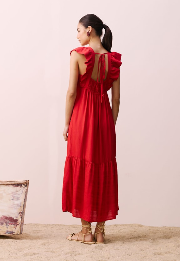 Vestido Midi Decote Babado Vista Traseira