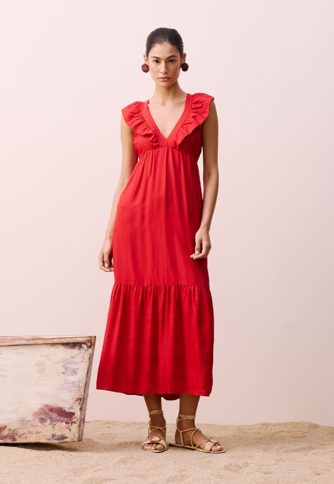 Vestido Midi Decote Babado