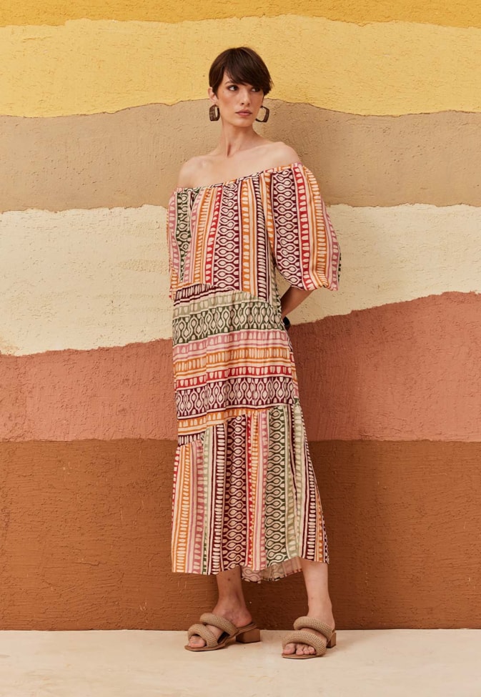 Vestido Midi Decote Elástico Estampado Huaso