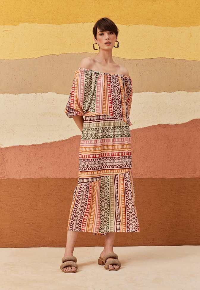 Vestido Midi Decote Elástico Estampado Huaso