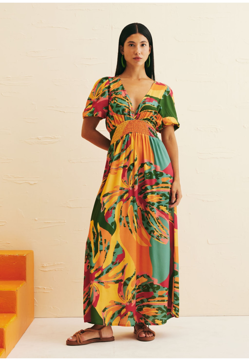 Vestido Midi Decote Profundo Estampado Costela Mexicana