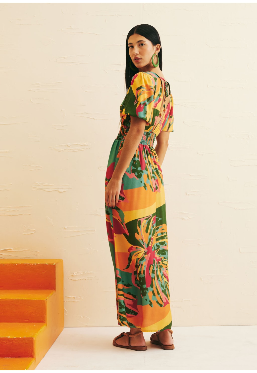 Vestido Midi Decote Profundo Estampado Costela Mexicana