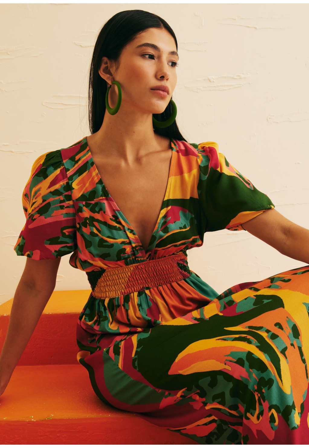 Vestido Midi Decote Profundo Estampado Costela Mexicana