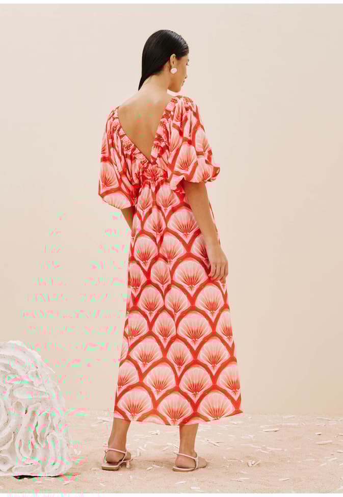 Vestido Midi Decote Profundo Estampado Pink Beach
