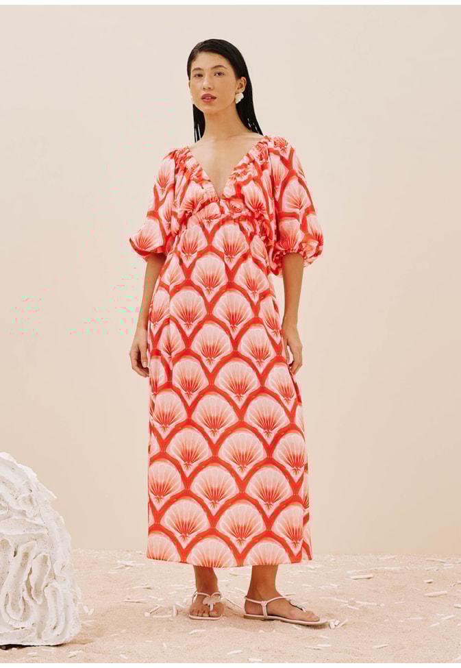 Vestido Midi Decote Profundo Estampado Pink Beach