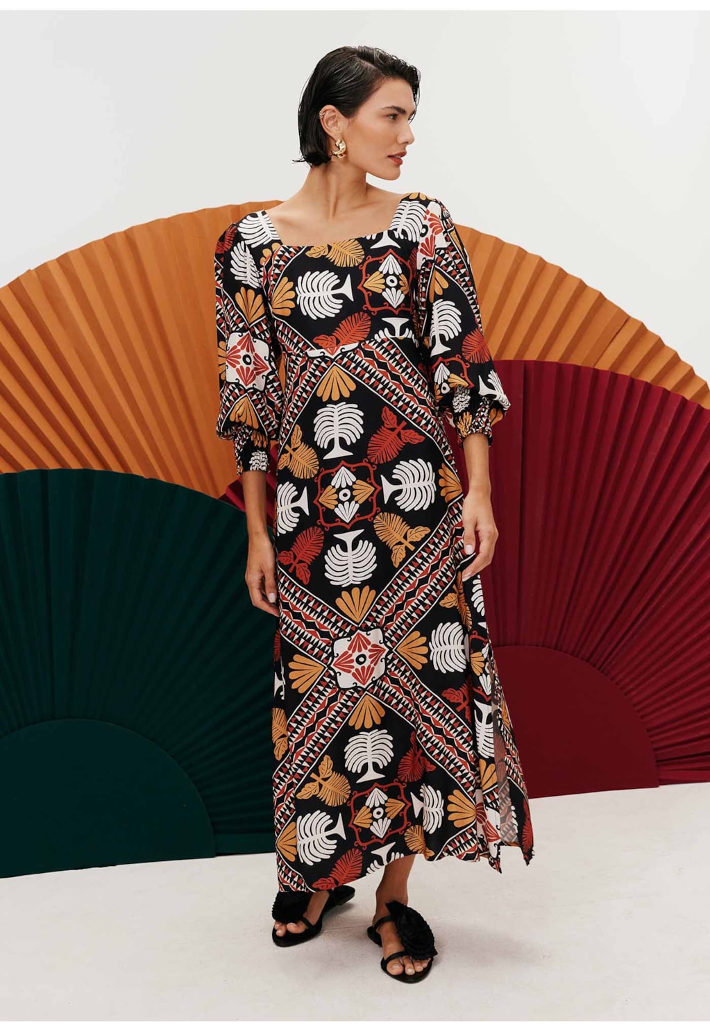 Vestido Midi Decote Quadrado Estampado Baião