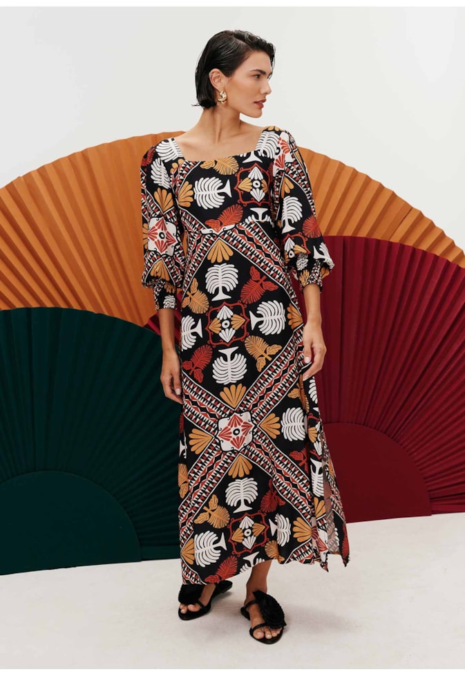 Vestido Midi Decote Quadrado Estampado Baião