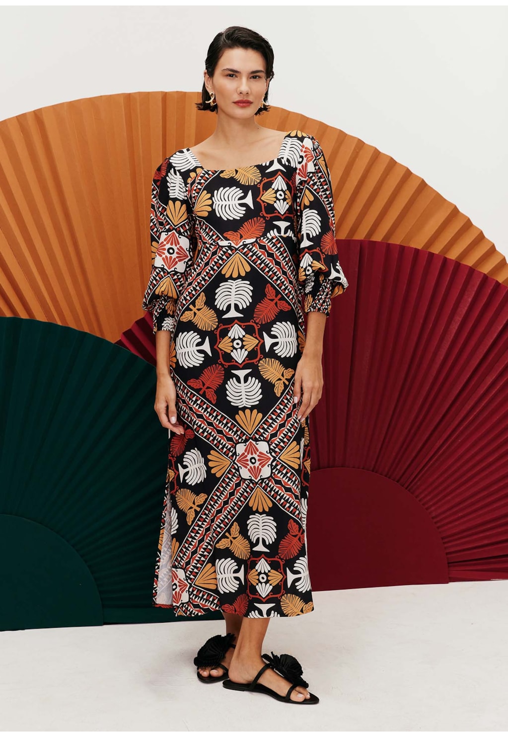 Vestido Midi Decote Quadrado Estampado Baião