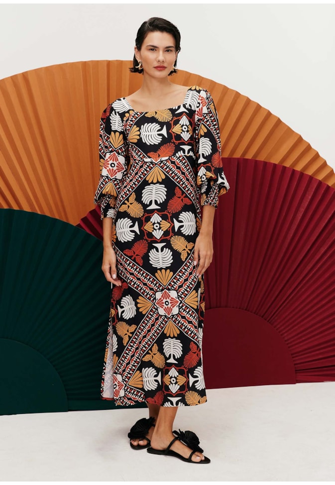 Vestido Midi Decote Quadrado Estampado Baião
