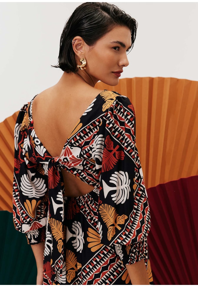 Vestido Midi Decote Quadrado Estampado Baião