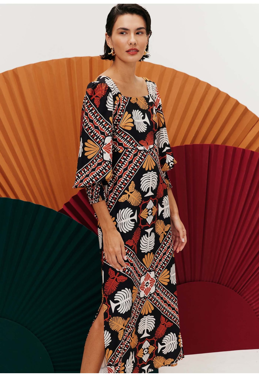 Vestido Midi Decote Quadrado Estampado Baião