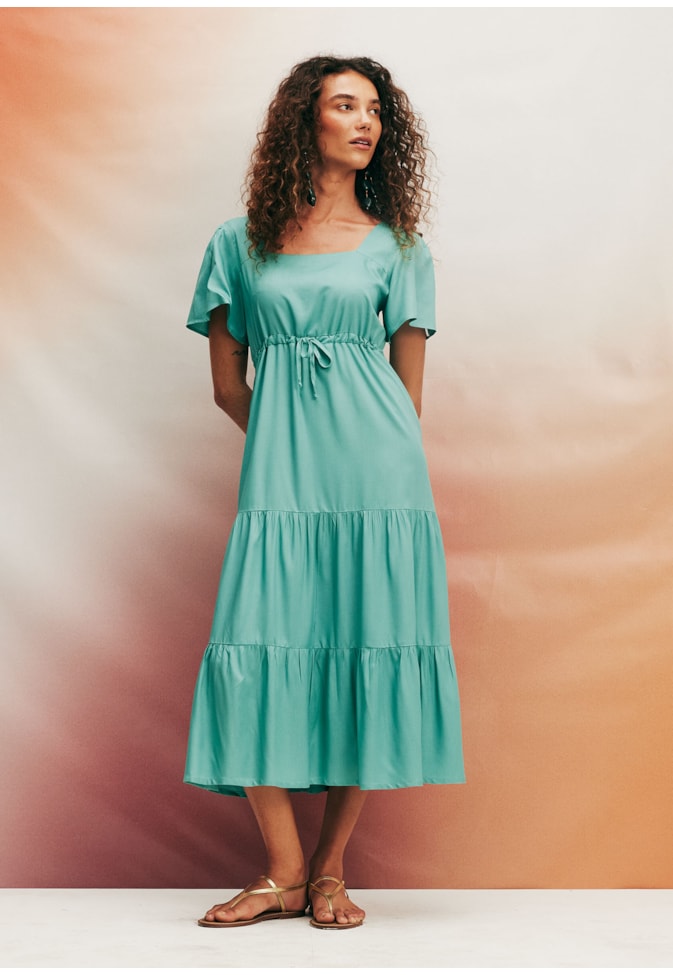 Vestido Midi Decote Quadrado Liso