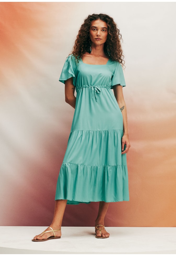 Vestido Midi Decote Quadrado Liso