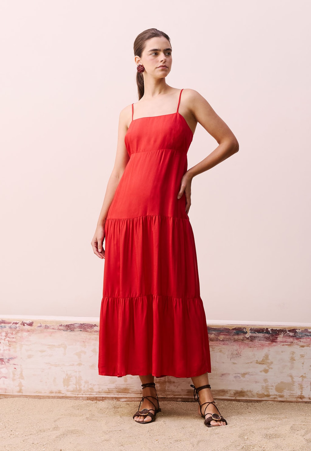 Vestido Midi Decote Reto Lastex Costas