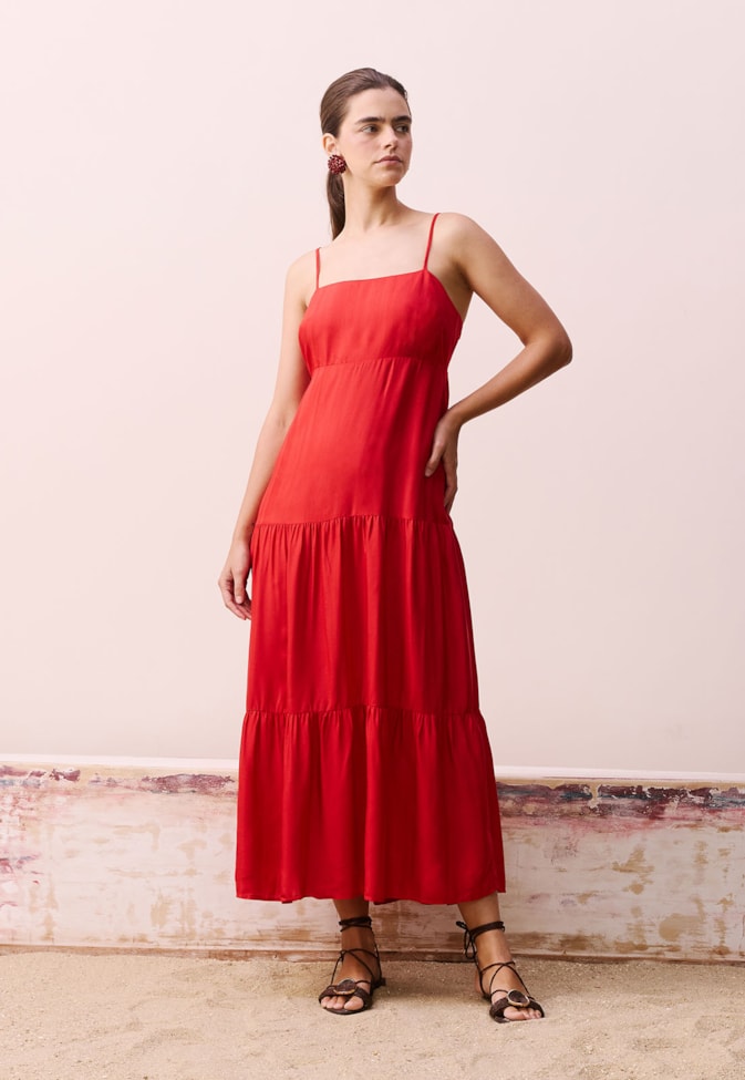 Vestido Midi Decote Reto Lastex Costas