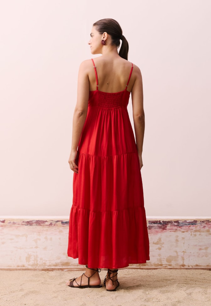 Vestido Midi Decote Reto Lastex Costas