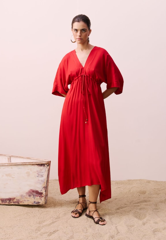 Vestido Midi Decote V com Túnel Vista Frontal