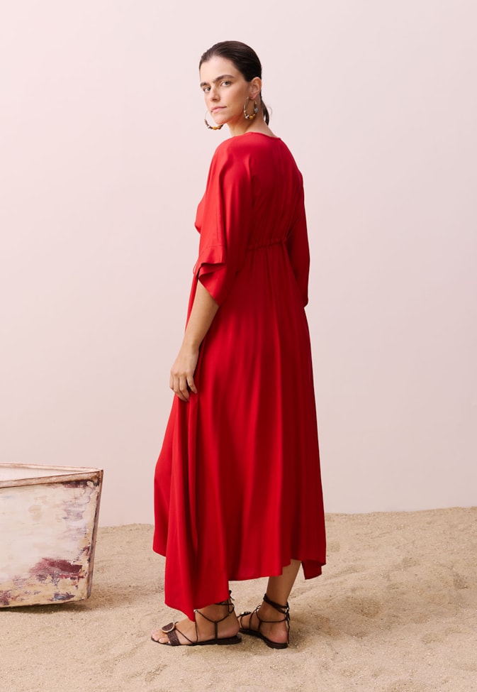 Vestido Midi Decote V com Túnel