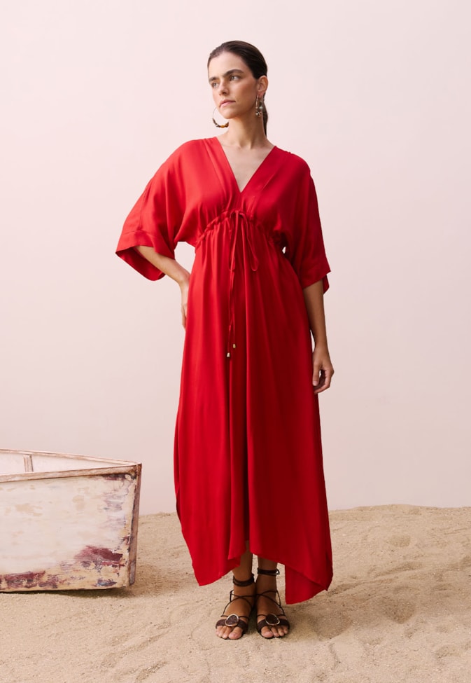 Vestido Midi Decote V com Túnel