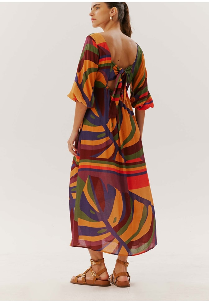 Vestido Midi Decote V Estampado Monstera