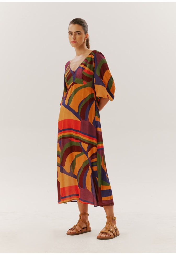 Vestido Midi Decote V Estampado Monstera