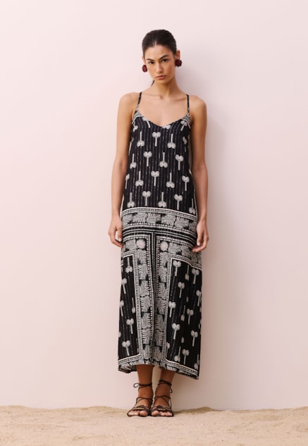 Vestido Midi Decote V Estampado Tauari Vista Frontal