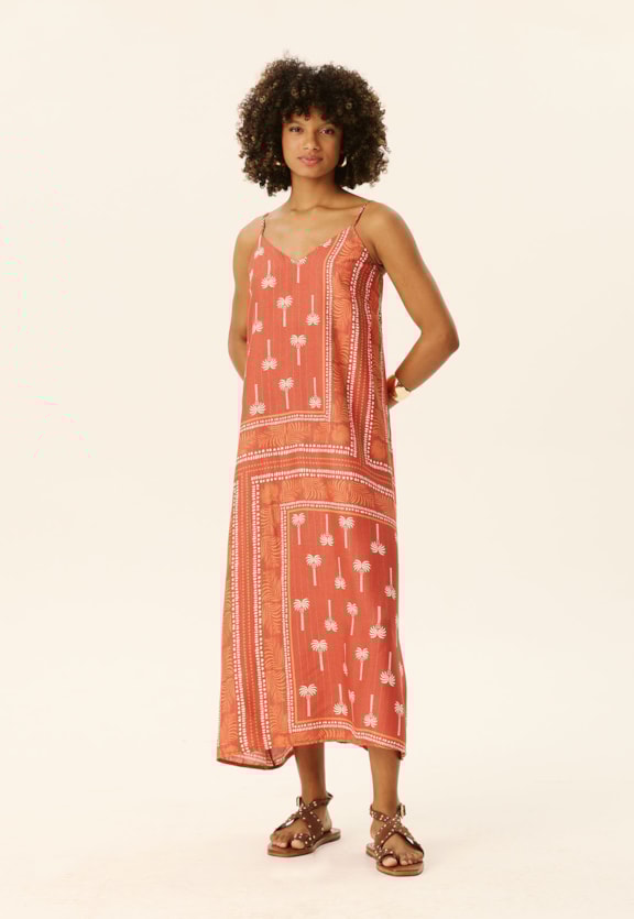 Vestido Midi Decote V Estampado Tauari Vista Frontal