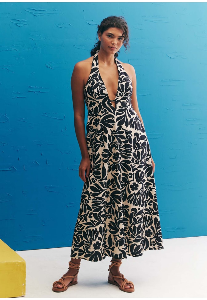 Vestido Midi Detalhe Argola Estampado Cayo Coral