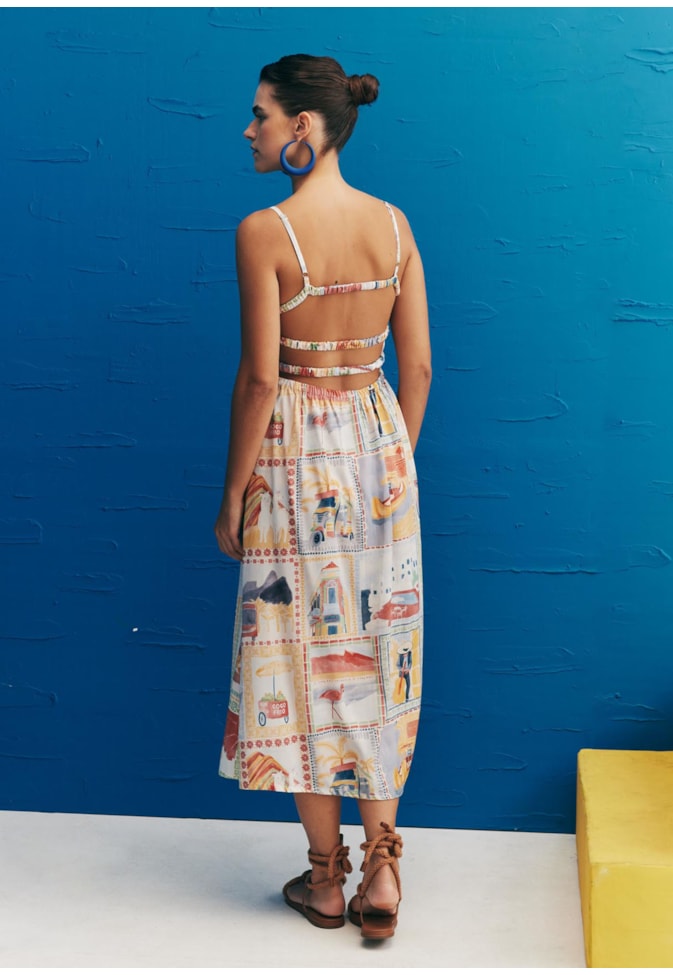 Vestido Midi Detalhe Elástico Estampado Buena Vista