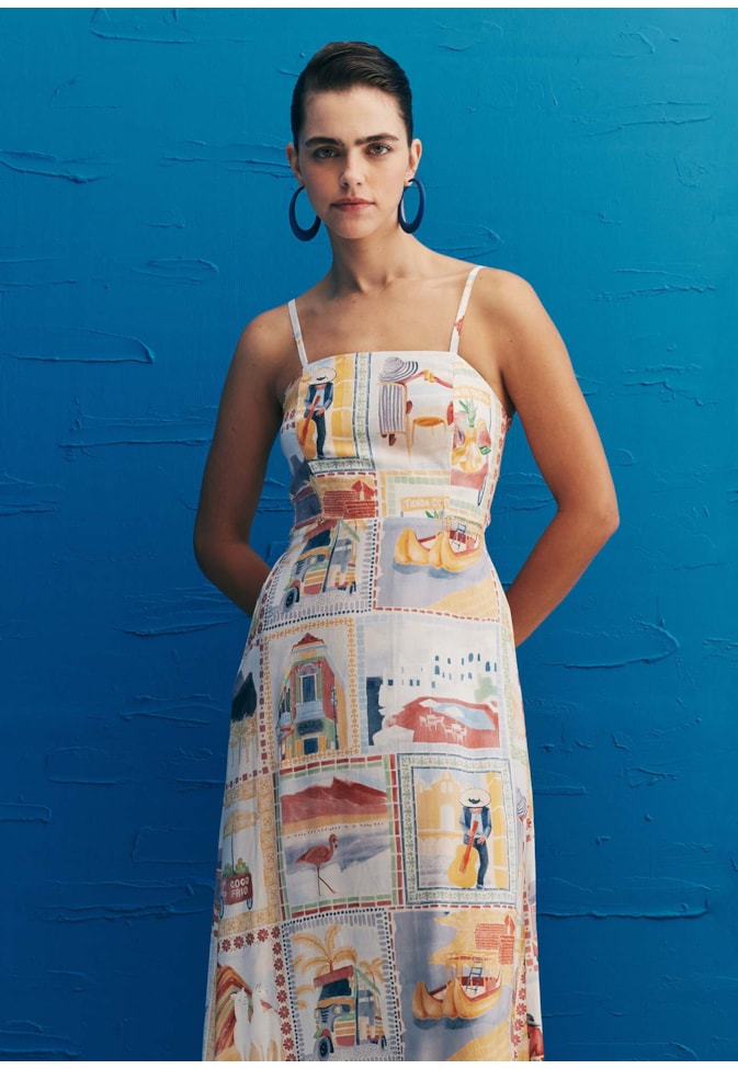 Vestido Midi Detalhe Elástico Estampado Buena Vista